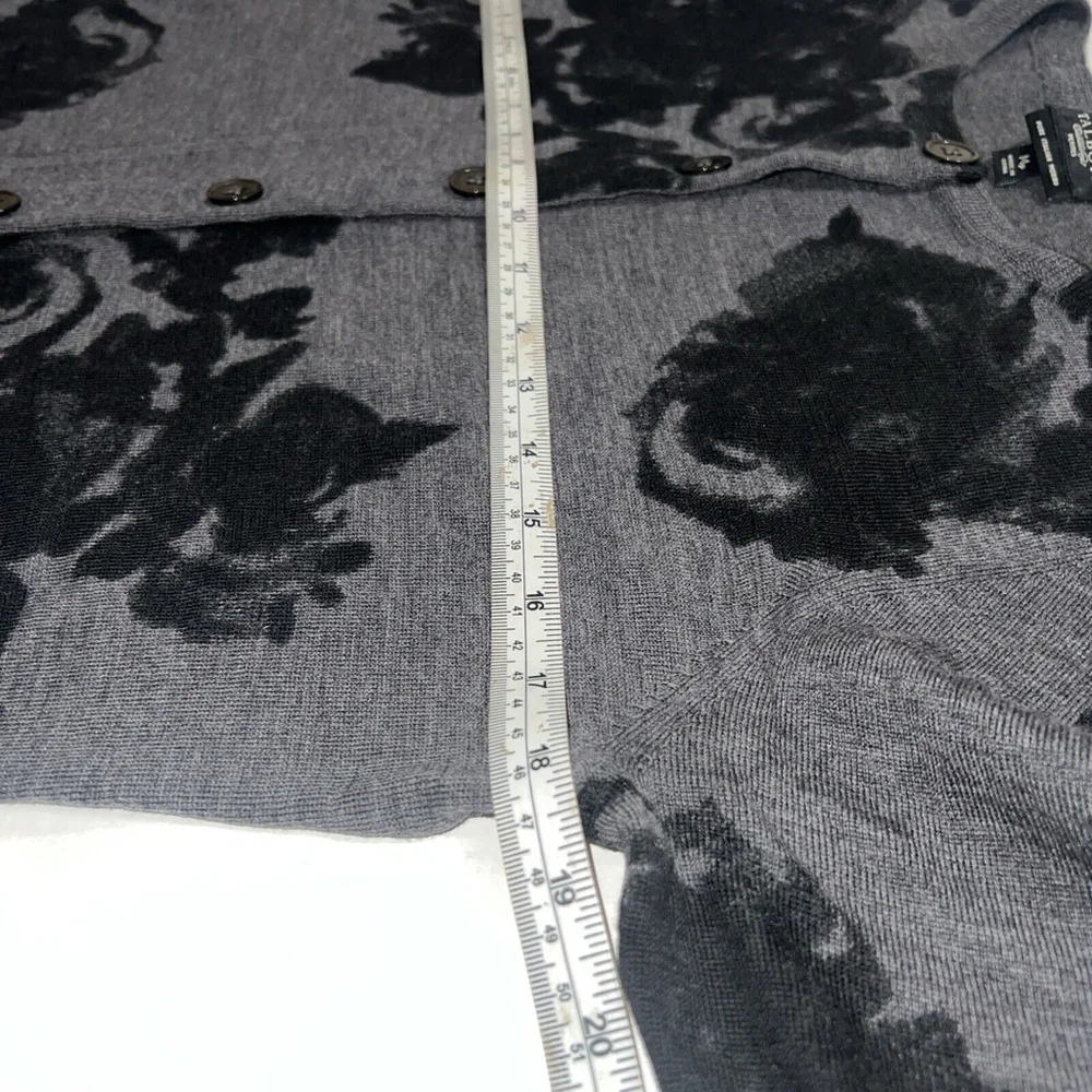 Talbots Size Mp Gray Black Floral Print Merino Wool 3/4 Sleeve Cardigan Sweater